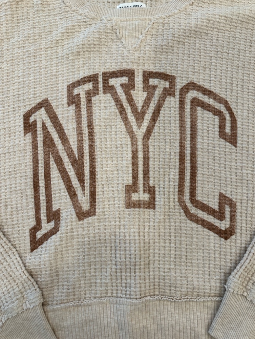 American Eagle Outfitters Cream Waffle-Knit Crewneck with Brown NYC Graphic - Picture 4 of 9